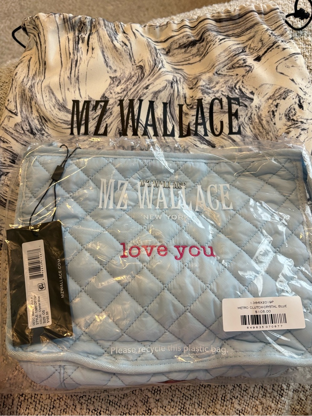 MZ Wallace Quilted Metro Clutch in Crystal Blue with Pink Embroidery